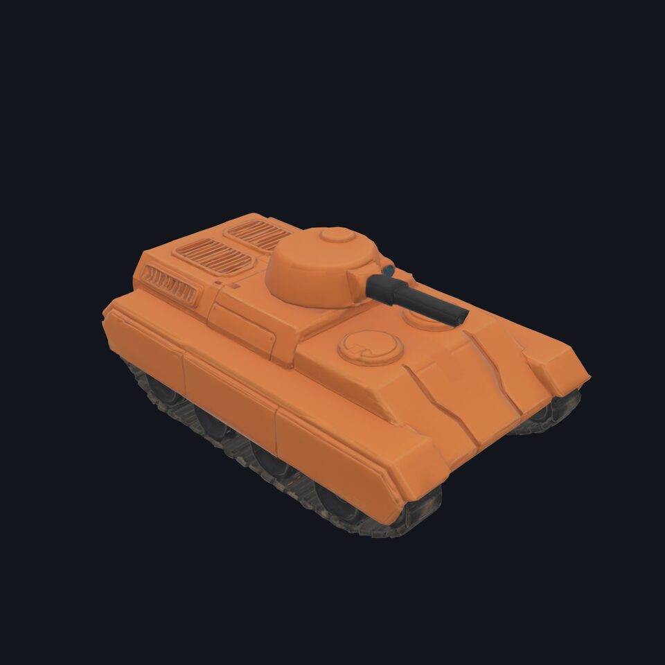 Pixie, an orange tank for Bjorn's Planetfall, seen from the front