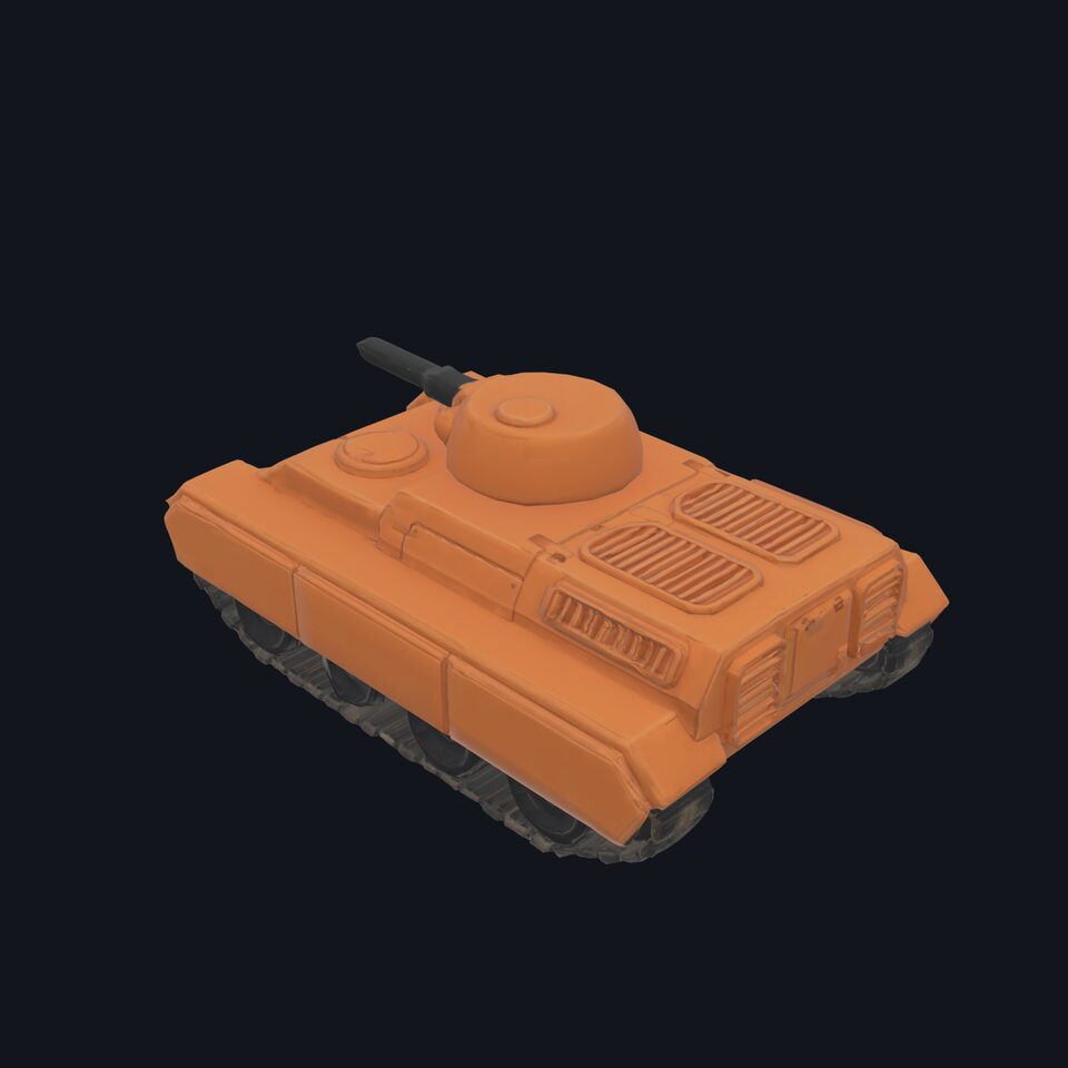 Pixie, an orange tank for Bjorn's Planetfall, seen from behind