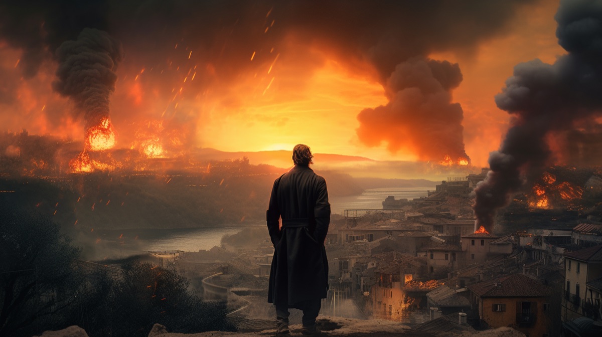 AI art: man watching a town burn