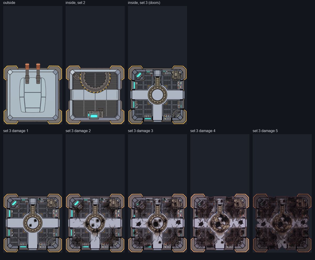 Space Fleet Combat light gun turret: outside, interiors, and five damage stages