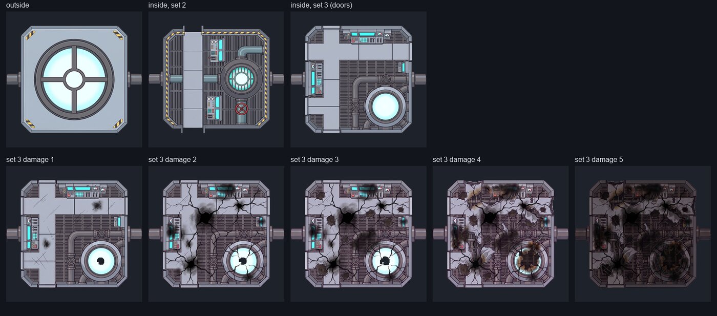 Space Fleet Combat small reactor: outside, interior, and five damage stages
