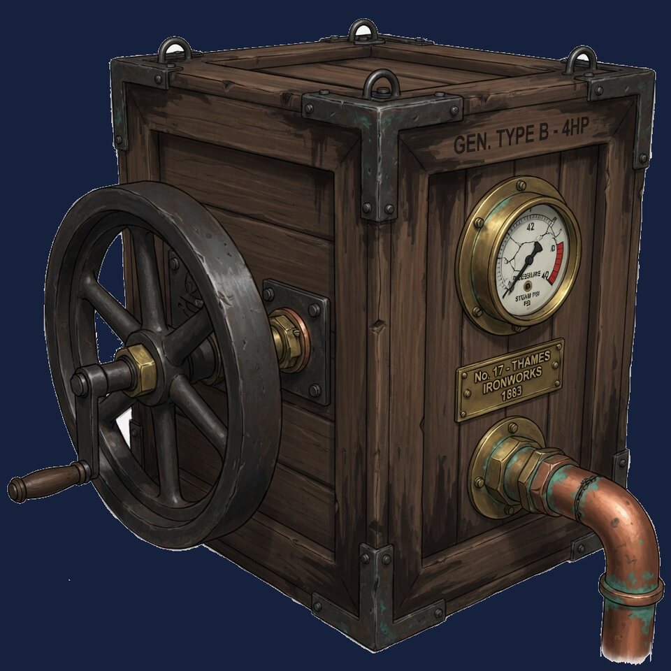 A wood-and-iron generator with a flywheel and brass gauge, from Thief of the Iron Tower